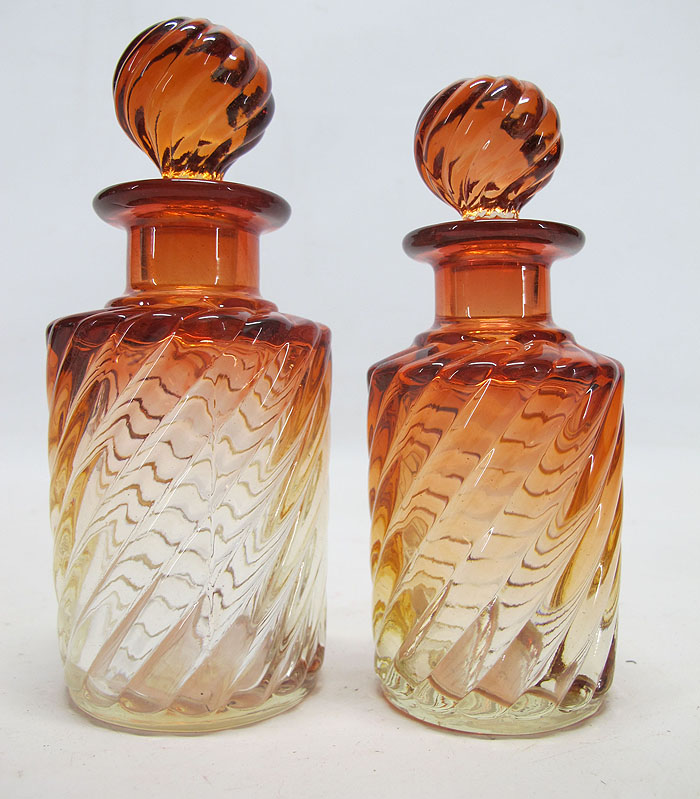 Antique Pair Baccarat Amberina Rose Tiente Art Glass Scent Perfume Bottles Yqz